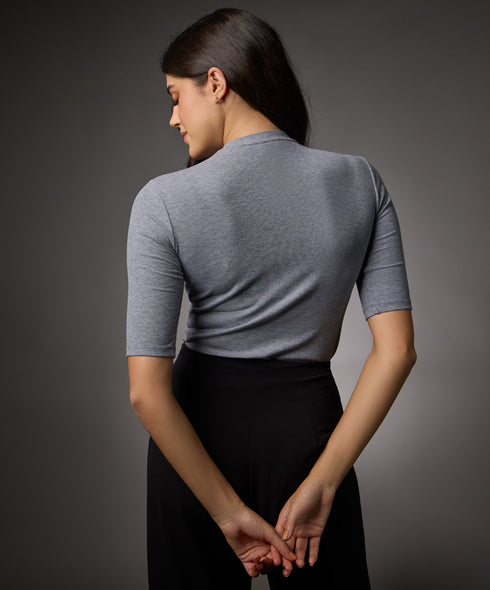 Short Sleeve High Neck Rib Top- Light Grey